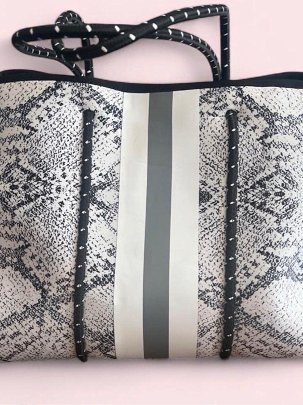 Snake-Print Neoprene Tote in White and Gray with Rope Handles